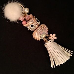 Lt. Pink Rhinestone OWL & White Tassel Bag Charm!